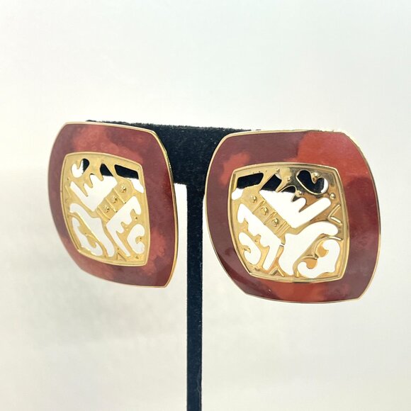 VINTAGE BEREBI ABSTRACT EARRINGS GOLD TONE RED MODERNIST ARTISAN STATEMENT - Picture 5 of 13
